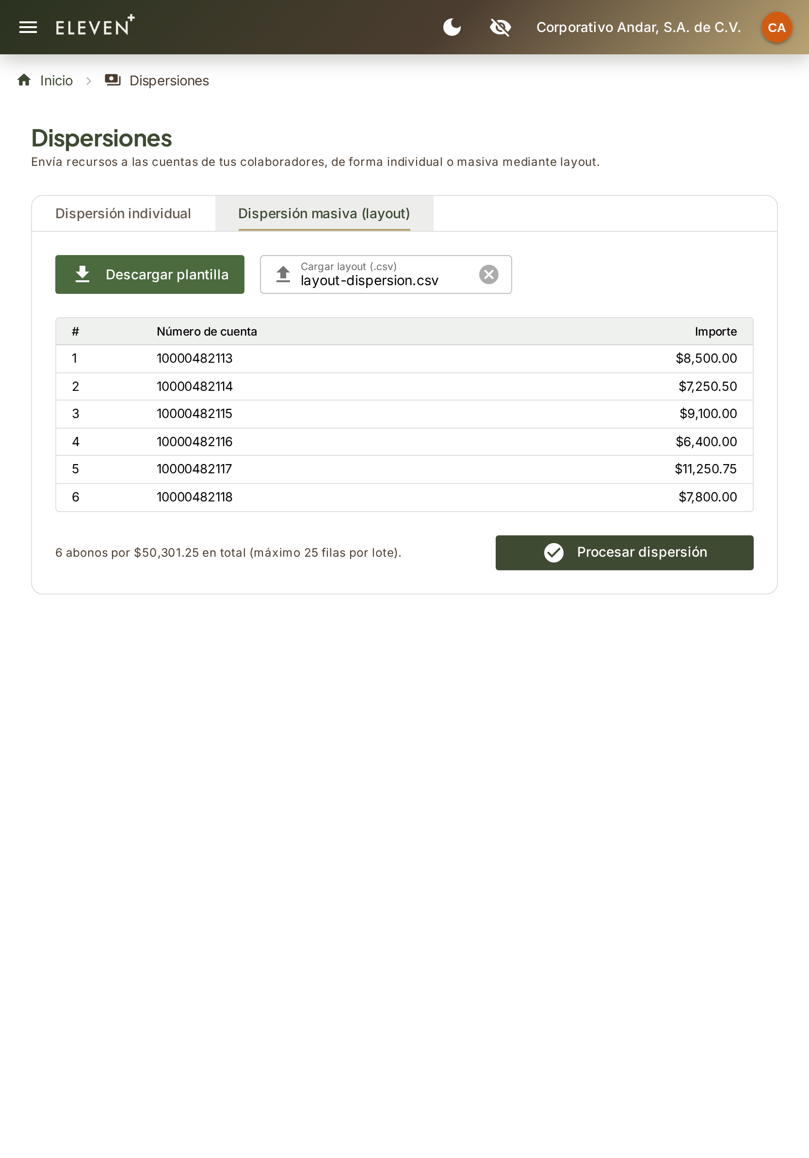 Dispersión masiva por layout en el portal de empresas Eleven Plus, con abonos aplicados por lote