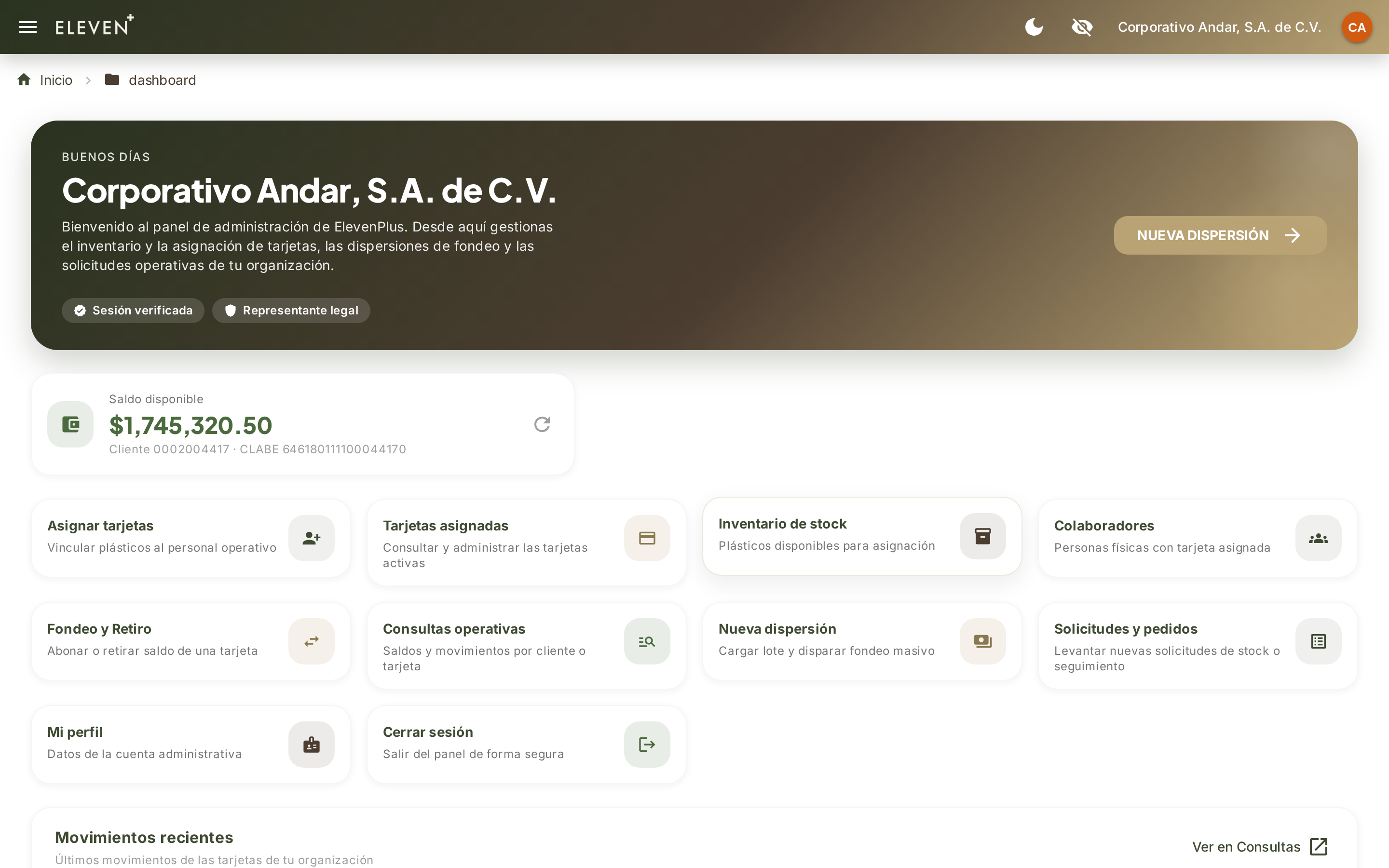 Portal de empresas Eleven Plus con el panel de una persona moral: saldo concentrador, dispersiones recientes y nueva dispersión