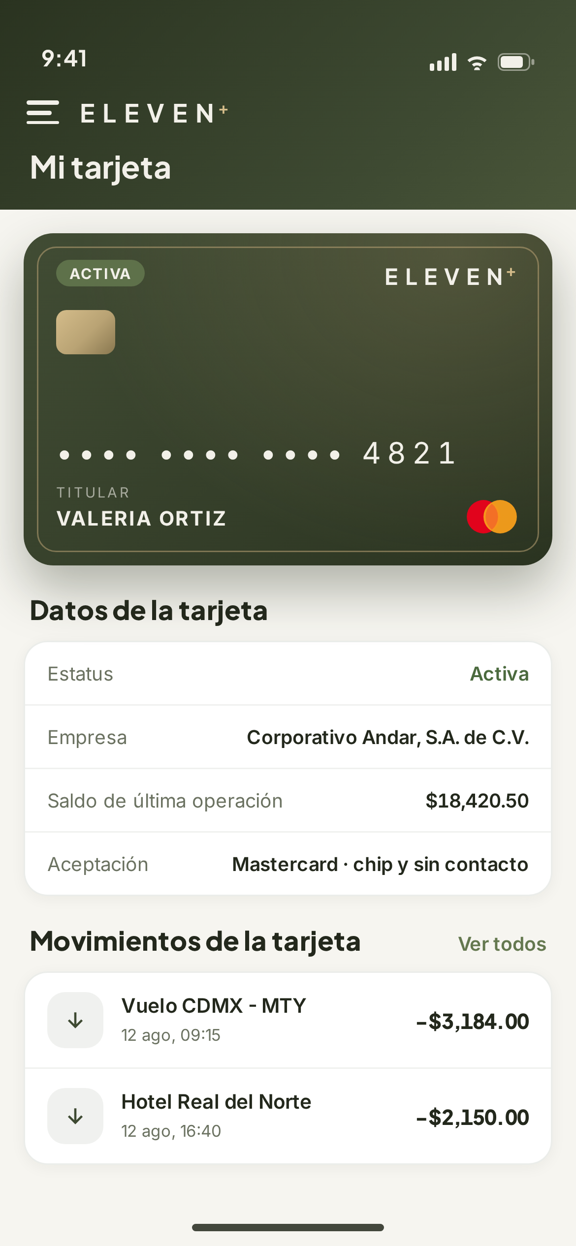 App Eleven Plus: tarjeta de crédito empresarial activa con sus datos y movimientos